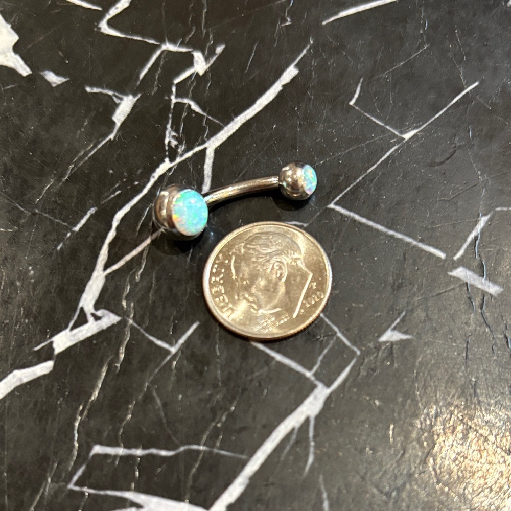 🆕 Surgical Steel and White/Blue Opal Curved Barbell Belly Ring